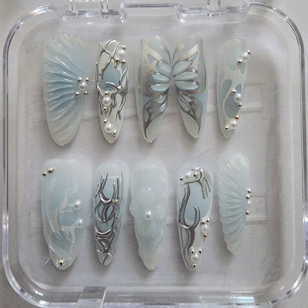 3D Mermaid Core Stiletto Press On Nails - Butterfly & Shell - Size Medium